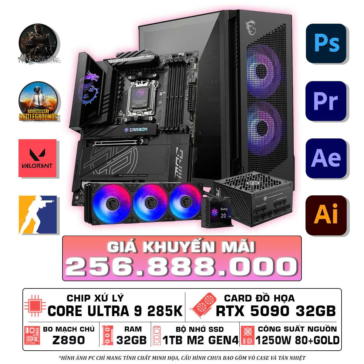 MBC - PC WORKSTATION ( CORE ULTRA 9 285K / MSI Z890 / RAM 32GB 16X2 DDR5 / RTX 5090 32GB / 1TB SSD / 1250W )