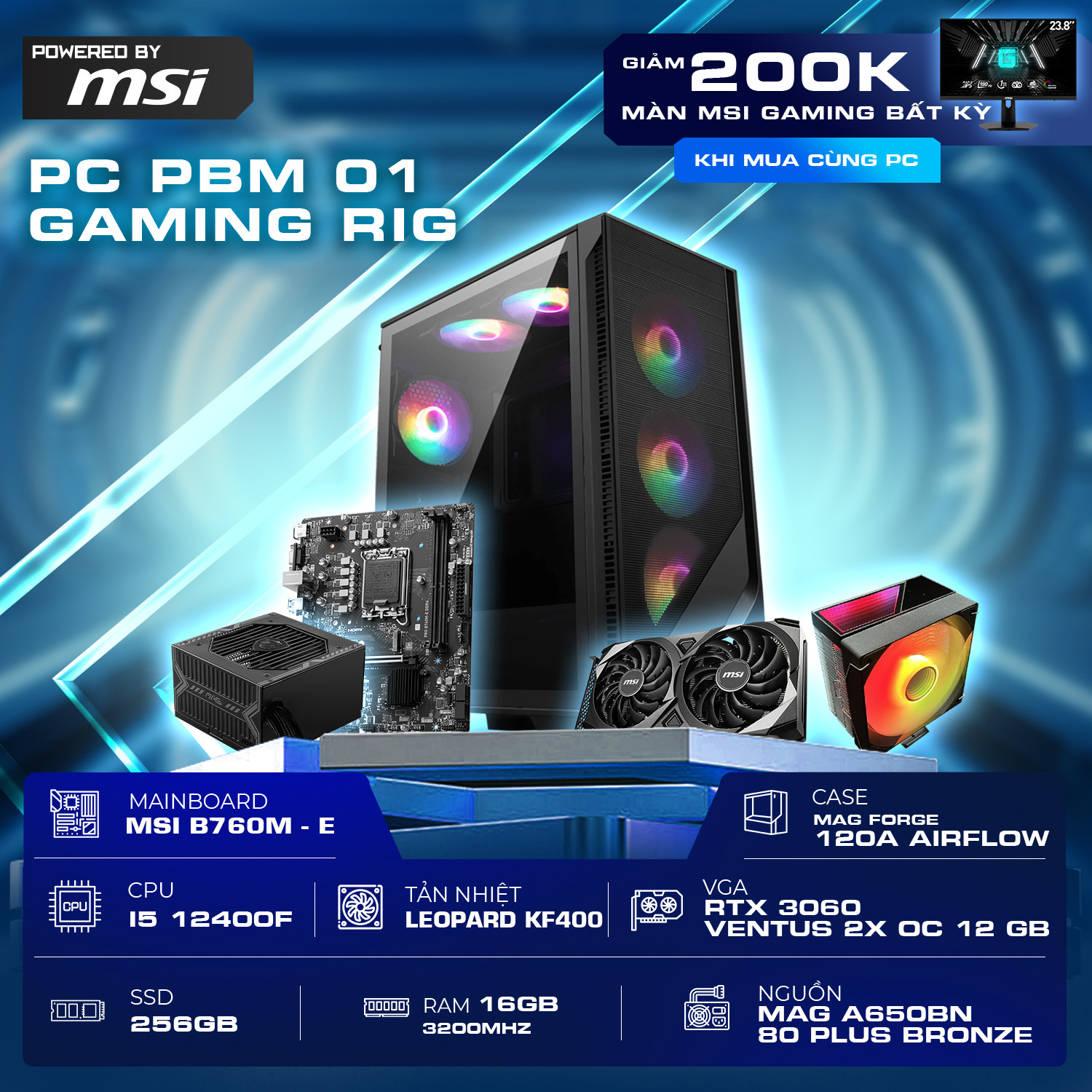 PC PBM 01 GAMING RIG (I5 12400F / B760M / 16GB RAM / RTX 3060 12GB / 256GB SSD / 650W)
