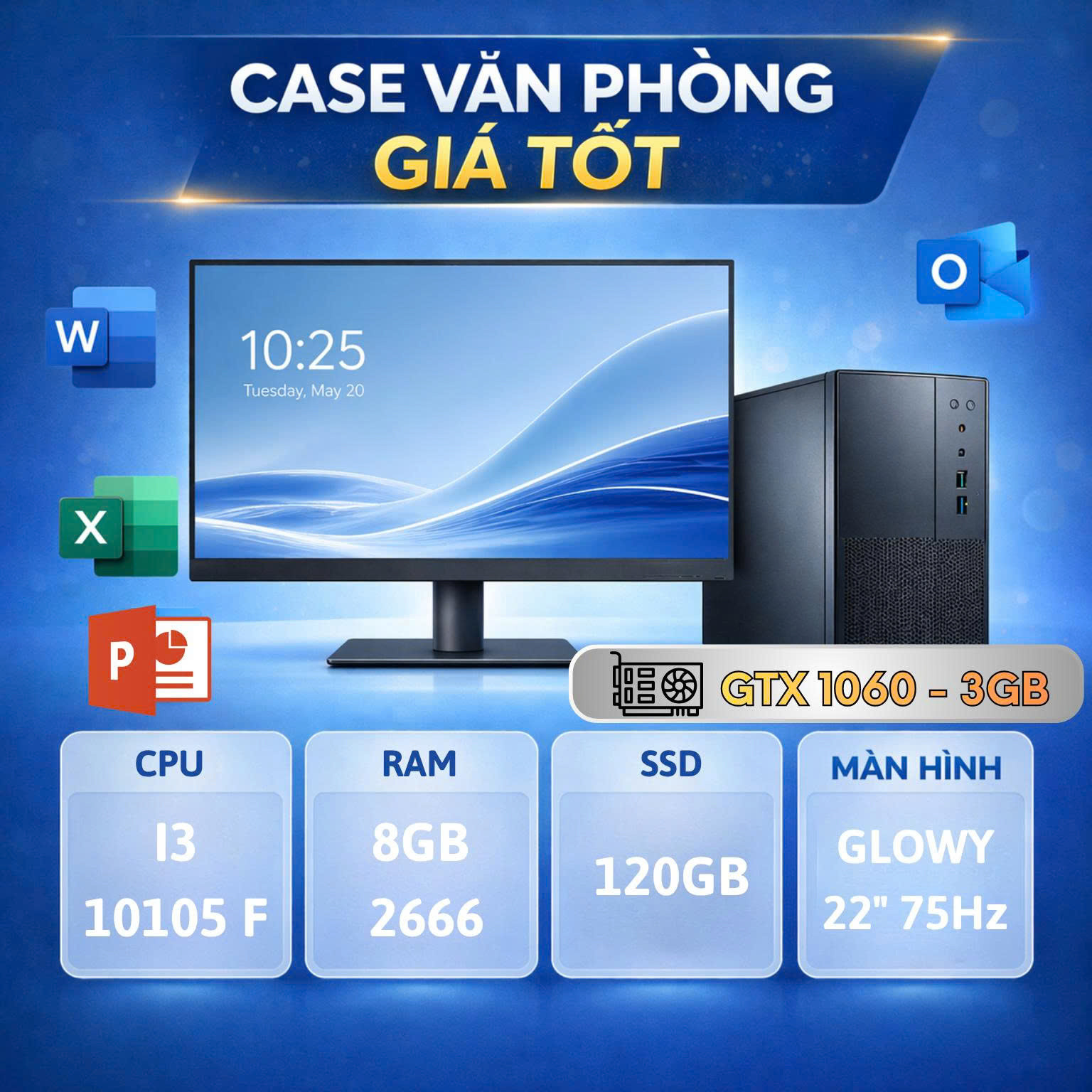 Bộ PC Core i3-10105F GTX1060 3G RAM 8G SSD 120G Màn Hình 22 Inch 75Hz